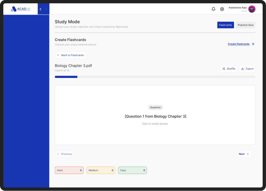 Acad AI flashcard active recall screen